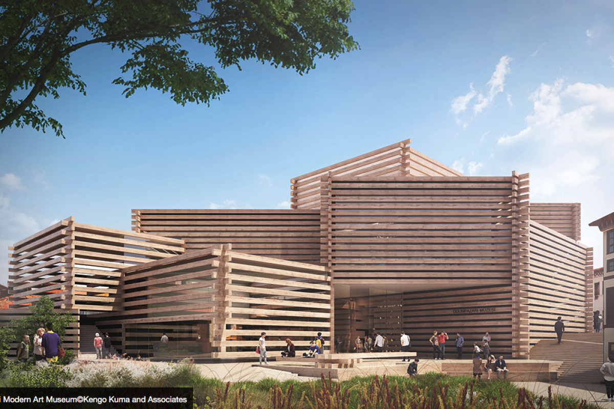 Interlocking timber boxes conceived for modern art museum